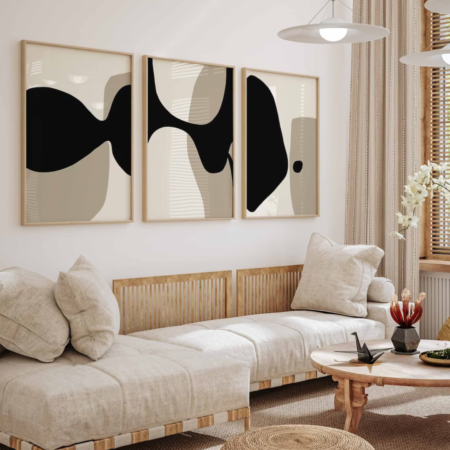 triptyque abstrait minimaliste noir & beige – art moderne Élégant