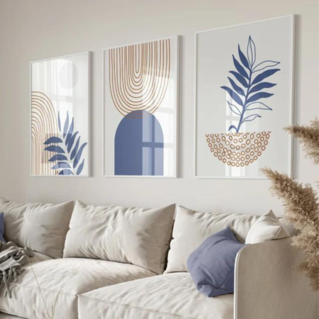 triptyque bohème moderne bleu & beige – formes abstraites minimalistes