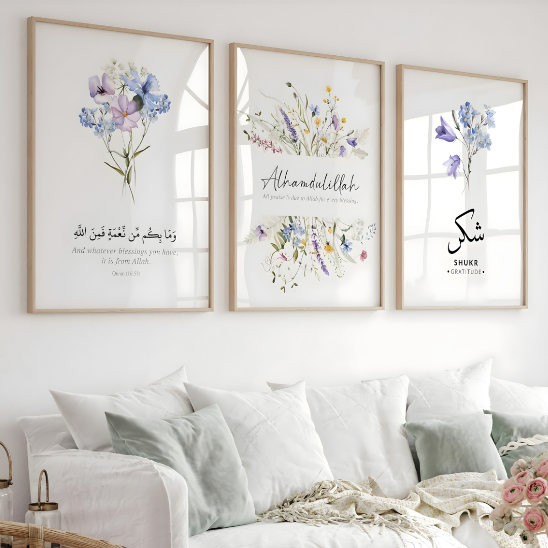triptyque islamique floral Élégant – alhamdulillah & shukr triptyque islamique floral Élégant – alhamdulillah & shukr