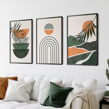 triptyque abstrait nature – tableau moderne beige & vert