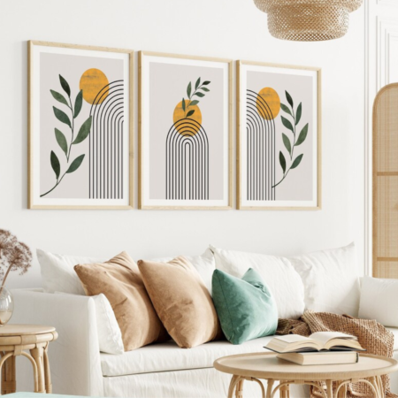 triptyque tableaux modernes boho feuilles & soleil – tableau mural design beige, vert & orange