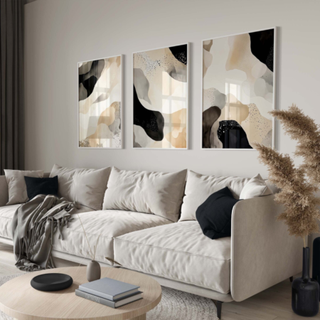 triptyque abstrait moderne beige & noir – tableau décoratif Élégant