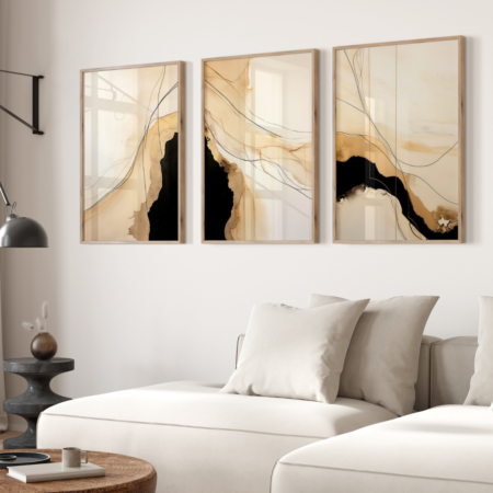 triptyque tableau abstrait moderne beige noir | décoration murale élégante (copie)