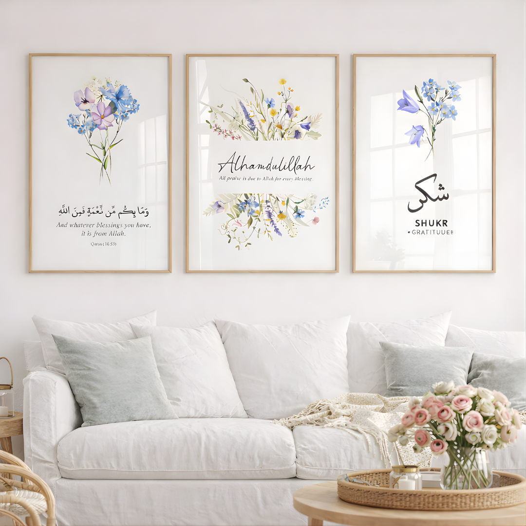 triptyque islamique floral Élégant – alhamdulillah & shukr triptyque islamique floral Élégant – alhamdulillah & shukr