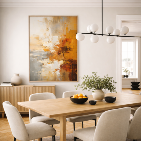 tableau abstrait moderne beige, orange & gris – décoration murale contemporaine