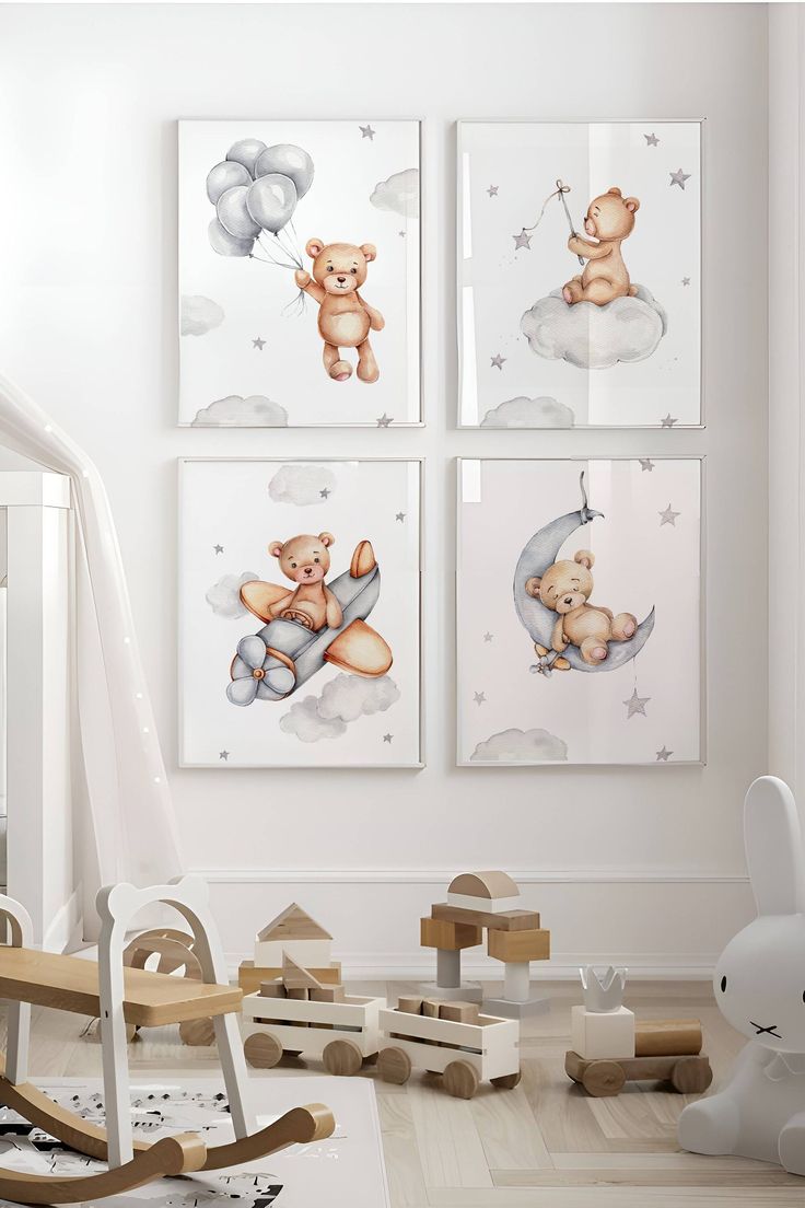 Set Of 4 Teddy Bear Print Baby Boy Print Grey Nursery Poster Balloon Nursery Wall Decor Nursery Print Bear Nursery Decor Etsy
