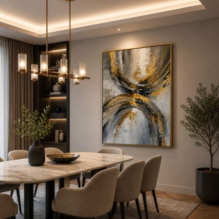 tableau abstrait moderne luxe – toile artistique gris et doré avec cadre Élégant (copie)